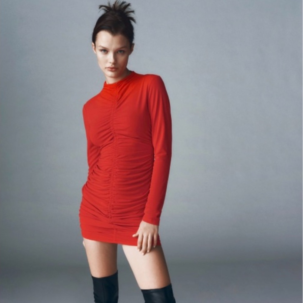 Zara Red BodyCon Ruched Mini Dress Size Small NWT